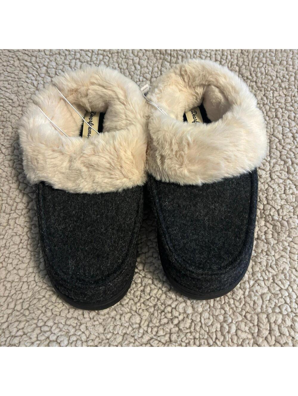 Dearfoams Women’s Black Faux Fur Moccasin Slippers Size Medium 7-8 Cozy Loafers